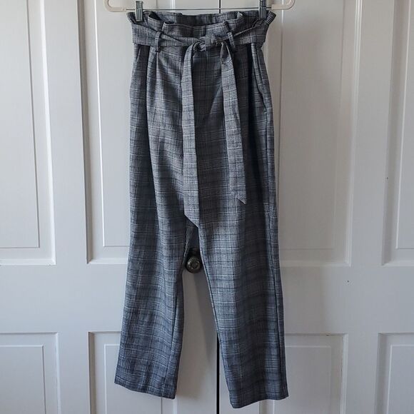 H&M GLEN PLAID KNIT PANTS HIGH PAPER BAG WAIST BLACK WHITE ACADEMIA PREPPY SZ 8 - Picture 1 of 9